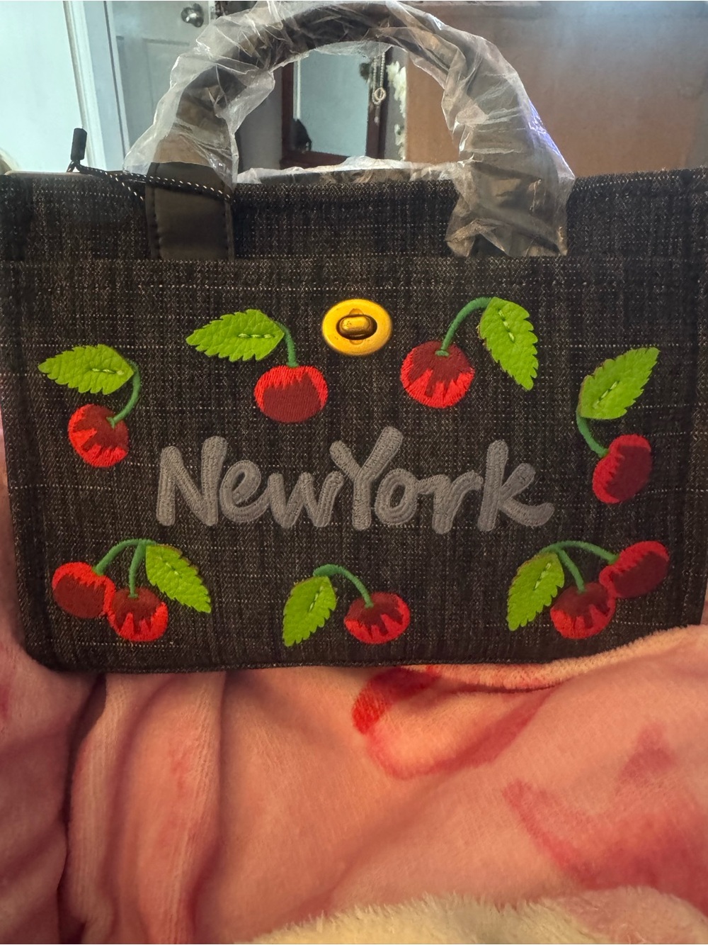 NewYork Embroidered Cherry Tote Bag - Black with Red & Green Accents denim mater